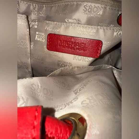 Michael Kors MK Logo Canvas Tote Bag Brown Red Leather Handles Tassel Purse - Picture 13 of 17